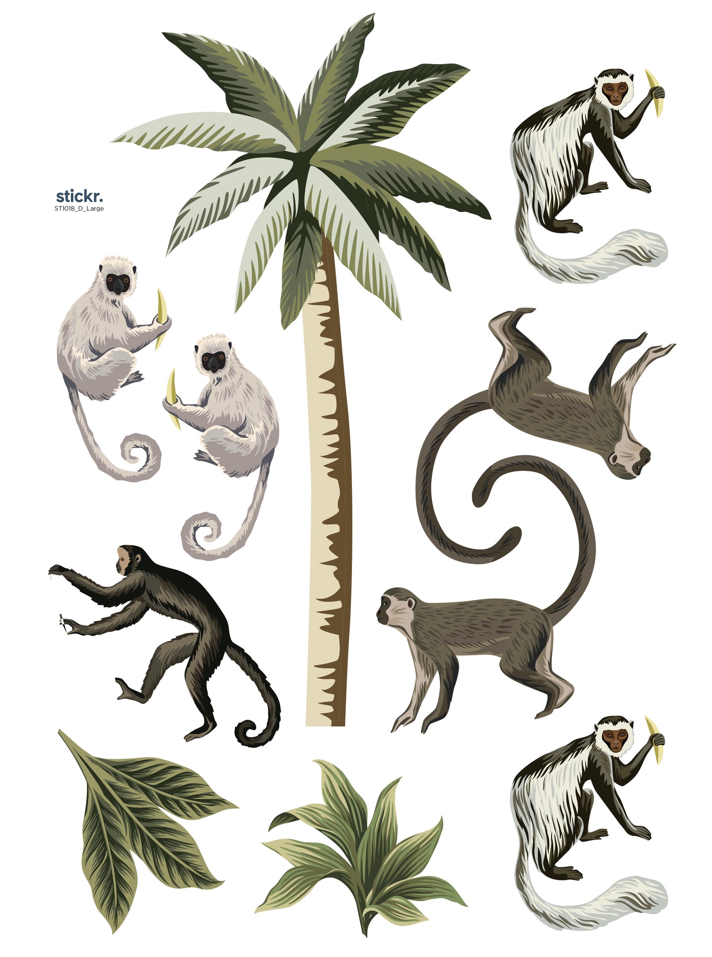 7 Monkey Decals, 1 palm tree, 2 shrubs make up a cheeky monkey large decal set